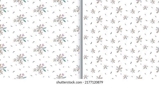 Nursery Seamless Patterns, Collection Of 2. Hand Drawn Doodle Flower Composition, Leaf, Heart. Tender Pastel Baby Color Palette. Transparent Background. Vector