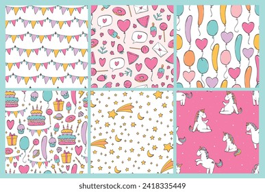 Nursery seamless patterns collection decorated with doodles and cartoon elements for wallpaper, textile prints, scrapbooking, wrapping paper, gift wrap, etc. Birthday theme. EPS 10