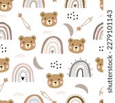 Nursery seamless patterns with cute characters. Bear and rainbow in cartoon style Designs for newborn apparel, textiles and wallpaper Vector illustration
