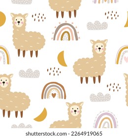 Nursery seamless patterns with cute characters. Llama with rainbow in cartoon style Designs for newborn wear, textiles and wallpaper.