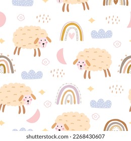 Nursery seamless patterns with cute characters. sheep with a rainbow in cartoon style Designs for newborn wear, textiles and wallpaper