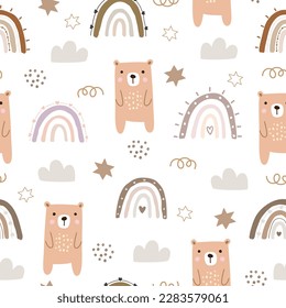 Nursery seamless patterns with cute characters. Bear and rainbow in cartoon style Designs for newborn apparel, textiles and wallpaper