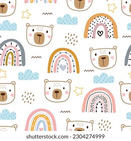 Nursery seamless patterns with cute characters. Bear and rainbow in cartoon style Designs for newborn apparel, textiles and wallpaper