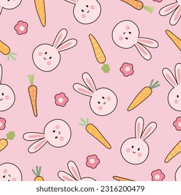 Nursery patrones sin costura de conejo rosa y zanahoria sobre fondo blanco. diseño lindo para tejidos, prendas de vestir recién nacidas, textiles, papel pintado, ilustración vectorial