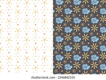 Nursery seamless patterns, set of 2. Hand drawn doodle design, cloud, sun, star shapes. Diagonal, vertical geometrical grid background. Tender pastel baby color palette. Vector illustration