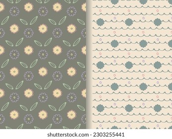 Nursery seamless patterns, set of 2. Hand drawn design, doodle decorative cute flower, leaf, dot, wave lines. Tender pastel baby color palette. Light pink, grey colour background. Vector  illustration