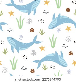 Nursery seamless patterns whale in the sea. marine life background hand drawn design in cartoon style. design for Newborn apparel, textiles, and wallpaper