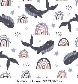 Nursery seamless patterns whale in the sky with a rainbow. sea creatures background hand drawn design in cartoon style design for Newborn apparel, textiles, and wallpaper