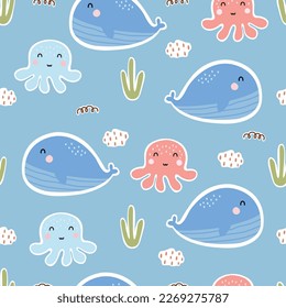 Nursery seamless patterns whale and squid in the sea hand drawn design in cartoon style design for Newborn apparel, textiles, and wallpaper