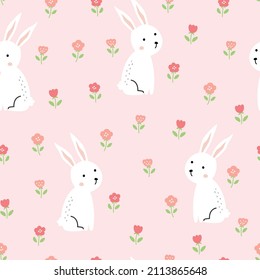 Patrón de conejo sin soldadura de guardería con flores sobre fondo rosado para impresión, papel de pared, ilustración vectorial textil