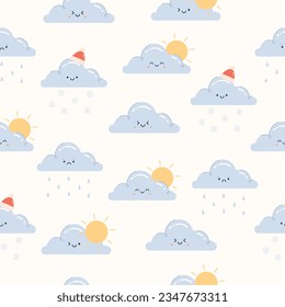 Nursery seamless vector pattern. Happy clouds with faces