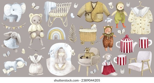 Nursery set baby toys girl dress collar box cat sheep armchair child room newborn children tea pot cup mug wood chair print poster card furniture deer fox bow fluffy coat baby shower butterfly rattle