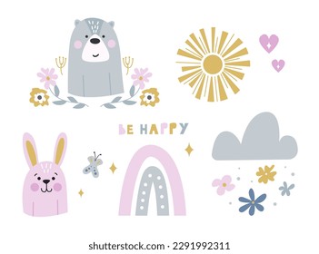 Nursery set - Bear, Bunny, Cloud with Flowers, Sun, Rainbow and Heart. Cute Vector Illustration for Kids. Can be Used for Design for Baby Fashion, T-Shirt Print Poster or Greeting and Invitation Card.