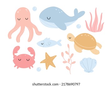 Nursery set with cute sea animals, whale, octopus, crab, fish, starfish