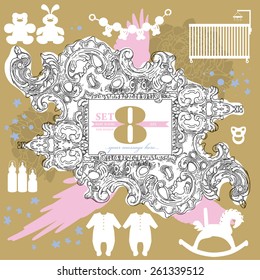 Nursery set for design. Collection of hand - drawn nursery related objects on background.