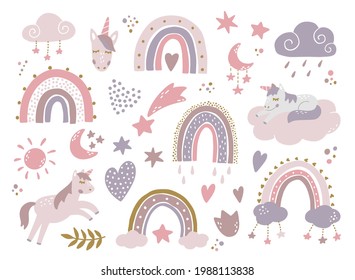 nursery set of hand drawn elements, doodles, clip art, stickers. Isolated unicorns, rainbows, clouds, stars, etc are good for prints, cards, posters, kids apparel, sublimation design. EPS 10