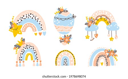 Nursery set with rainbows and a balloon. Vector Collection of cute baby shower elements in simple hand-drawn Scandinavian cartoon doodle style. Limited pastel palette