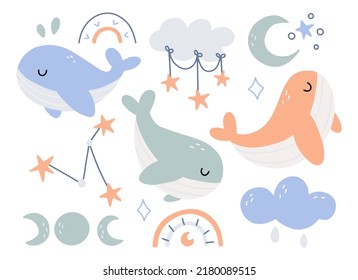 Nursery set of whales, moon, clouds, stars, rainbows