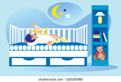 Nursery with Shelving, Night Lamp and Soft Teddy Bear. Baby Girl or Boy, Wearing White Body Shirt and Yellow Socks, Sleeping Soundly with Pacifier and Rabbit Toy in Bed with Comfortable Mattress.