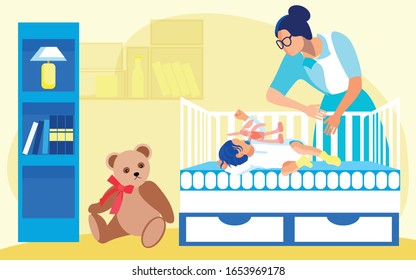 Nursery With Shelving, Night Lamp And Soft Teddy Bear. Baby Girl Or Boy, Sleeping Soundly With Pacifier And Rabbit Toy In Bed With Comfortable Mattress. Baby Sitter Or Visiting Nurse Bent Over Bed.