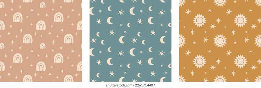 Nursery Sky Pattern Crescent Moon, Rainbow, Sun, 
 Star Gender-Neutral Boho Seamless Pattern Vector Illustration Set 