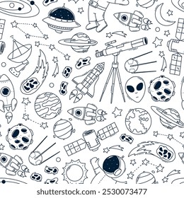 Espaço de viveiro monocromático padrão sem emenda com bonitos desenhos à mão rabiscos para papel de parede, impressões têxteis, fundos, papel de embrulho, scrapbooking, papelaria, etc. EPS 10