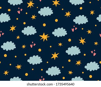 Nursery stars pattern. Night sky background. Cute childish stars, clouds seamless background. Baby print. Sleepy wallpaper