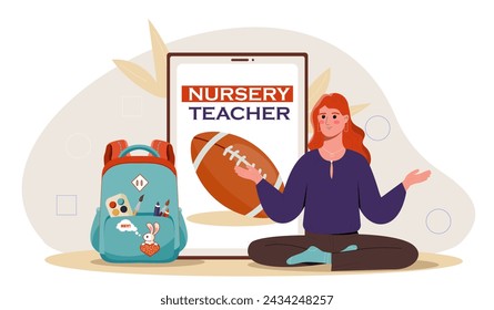 Nursery teacher concept. Woman sitting at lotus position with backpack. Education and training for preschoolers. Babysitter services. Cartoon flat vector illustration isolated on white background