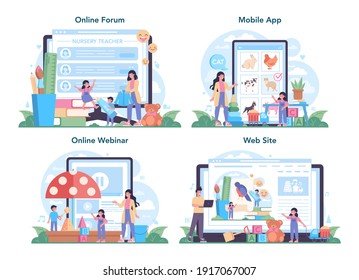 Nursery teacher online service or platform set. Professional nany. Kindergartener in a day care center, preschool education. Online forum, webinar, mobile app, website. Vector illustration