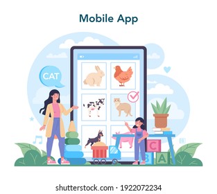 Nursery teacher online service or platform. Professional nany. Kindergartener in a day care center, preschool education. Mobile app. Vector illustration