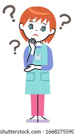 Nursery teacher questioning with hand on chin