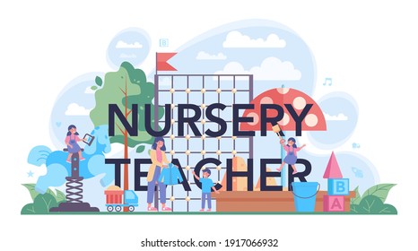 Nursery teacher typographic header. Professional nany and children doing different creative activity. Kindergartener in a day care center, preschool education. Vector illustration