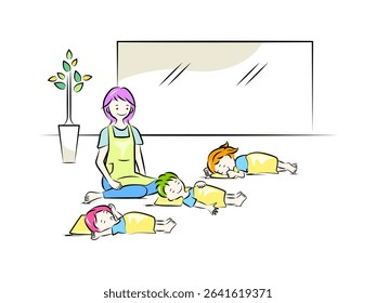 Nursery teachers watching over children taking a nap | Childcare and kindergarten illustration series