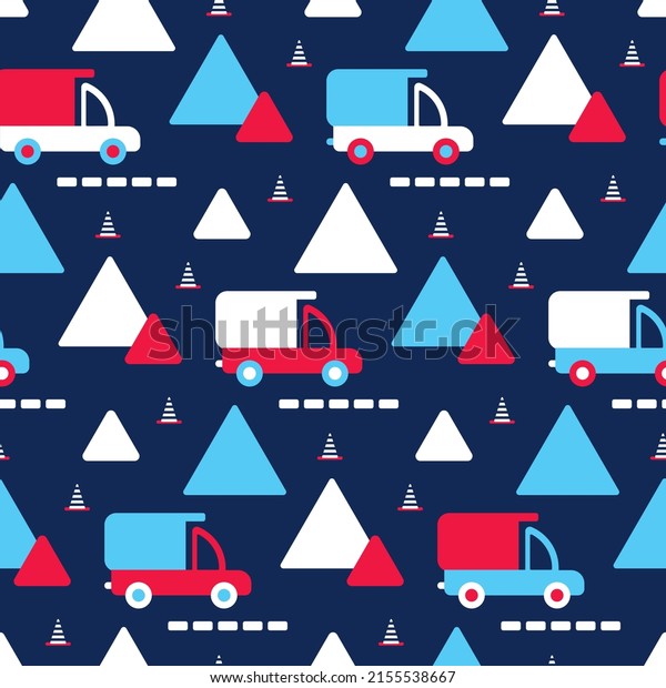 Nursery toy car pattern for prints of boy\'s\
fabrics. Seamless wallpaper with cartoon city transport in red,\
white on blue background. Sweet backdrop for infant picture design.\
Cute baby textile\
truck.