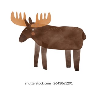 Nursery Vector Art with Cute Moose. Funny Hand Drawn Print with Cartoon of Moose on a White Background. Woodlan Animal. Infantile Drawing-like Funny Buck. 