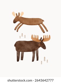 Arte Vetorial Infantil com Alce Fofo. Engraçado mão desenhado impressão com desenhos animados de Alce em um fundo branco. Woodlan Animal. Bolsas Engraçadas, Tipo Desenho Infantil.