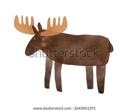 Nursery Vector Art with Cute Moose. Funny Hand Drawn Print with Cartoon of Moose on a White Background. Woodlan Animal. Infantile Drawing-like Funny Buck. 