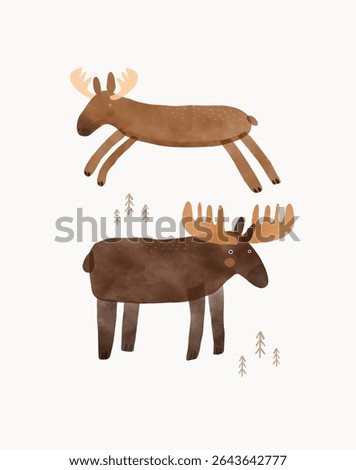 Nursery Vector Art with Cute Moose. Funny Hand Drawn Print with Cartoon of Moose on a White Background. Woodlan Animal. Infantile Drawing-like Funny Bucks.