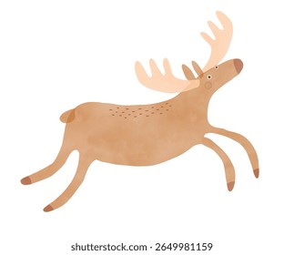 Nursery Vector Art with Cute Moos.Funny Hand Drawn Print with Cartoon of Jumping Moose on a White Background.Woodland Animal. Infantile Drawing-like Funny Buck. RGB.