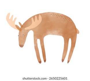 Nursery Vector Art with Cute Moos.Funny Hand Drawn Print with Cartoon of Moose on a White Background.Woodland Animal. Infantile Drawing-like Funny Buck. RGB.
