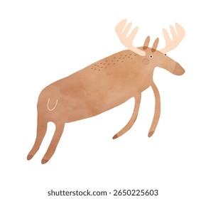 Nursery Vector Art with Cute Moos.Funny Hand Drawn Print with Cartoon of Jumping Moose on a White Background.Woodland Animal. Infantile Drawing-like Funny Buck. RGB.