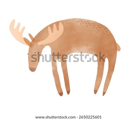 Nursery Vector Art with Cute Moos.Funny Hand Drawn Print with Cartoon of Moose on a White Background.Woodland Animal. Infantile Drawing-like Funny Buck. RGB.