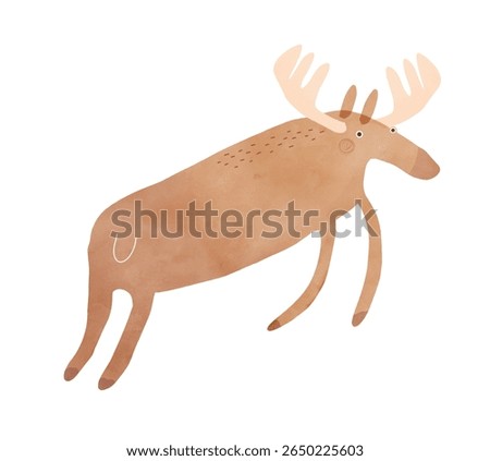 Nursery Vector Art with Cute Moos.Funny Hand Drawn Print with Cartoon of Jumping Moose on a White Background.Woodland Animal. Infantile Drawing-like Funny Buck. RGB.
