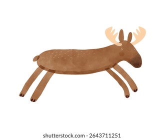 Nursery Vector Art with Cute Running Moose. Funny Hand Drawn Print with Cartoon of Moose on a White Background. Woodlan Animal. Infantile Drawing-like Funny Buck.