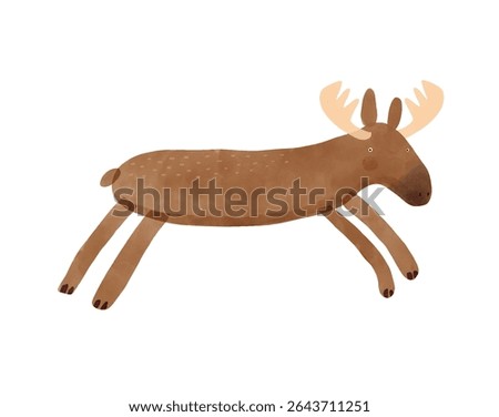 Nursery Vector Art with Cute Running Moose. Funny Hand Drawn Print with Cartoon of Moose on a White Background. Woodlan Animal. Infantile Drawing-like Funny Buck.