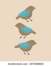 Nursery Vector Art with Three Happy Birds. Woodland Party Print ideal for Card, Wall Art, Poster, Kids Room Decoration. Funny Little Brown Birds with Blue Wings Isolated on a Beige Background.
