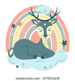 Nursery Vector illustration in cartoon style. Cute deer sleeping on cloud, rainbow and stars. For baby room, baby shower, greeting card, textile print. Hand drawn nursery