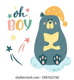 Nursery Vector illustration in cartoon style. Cute teddy bear on cloud with pillow, nightcap and stars. oh boy lettering. For baby room, baby shower, greeting card, textile print. Hand drawn nursery