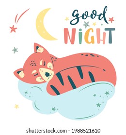 Nursery Vector illustration in cartoon style. Good night lettering. Cute red panda sleeps on cloud,  moon and stars. For baby room, baby shower, greeting card. Hand drawn nursery