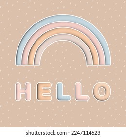 Ilustración de vectores de enfermería con arco iris suave y "Hola" en fondo marrón claro. Arcoiris en un diseño punteado. Dulces Nursery Art para Tarjeta, Wall Art, Afiche. Decoración de habitaciones para niñas y niños.